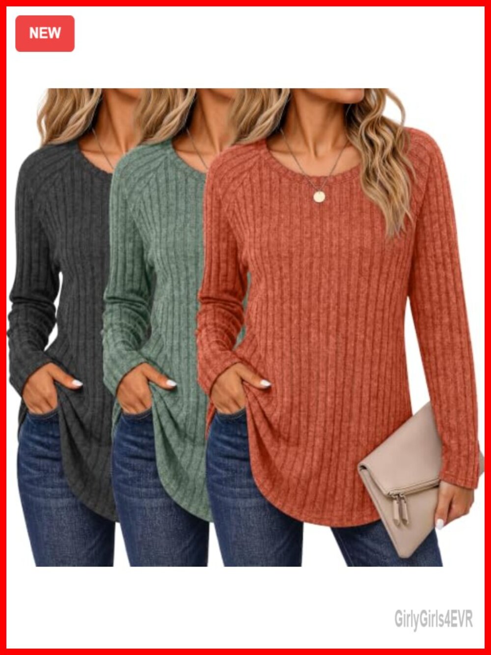 Ficerd 3 Pack Women's Long Sleeve Tunics Curved Hem Side Split Sweaters